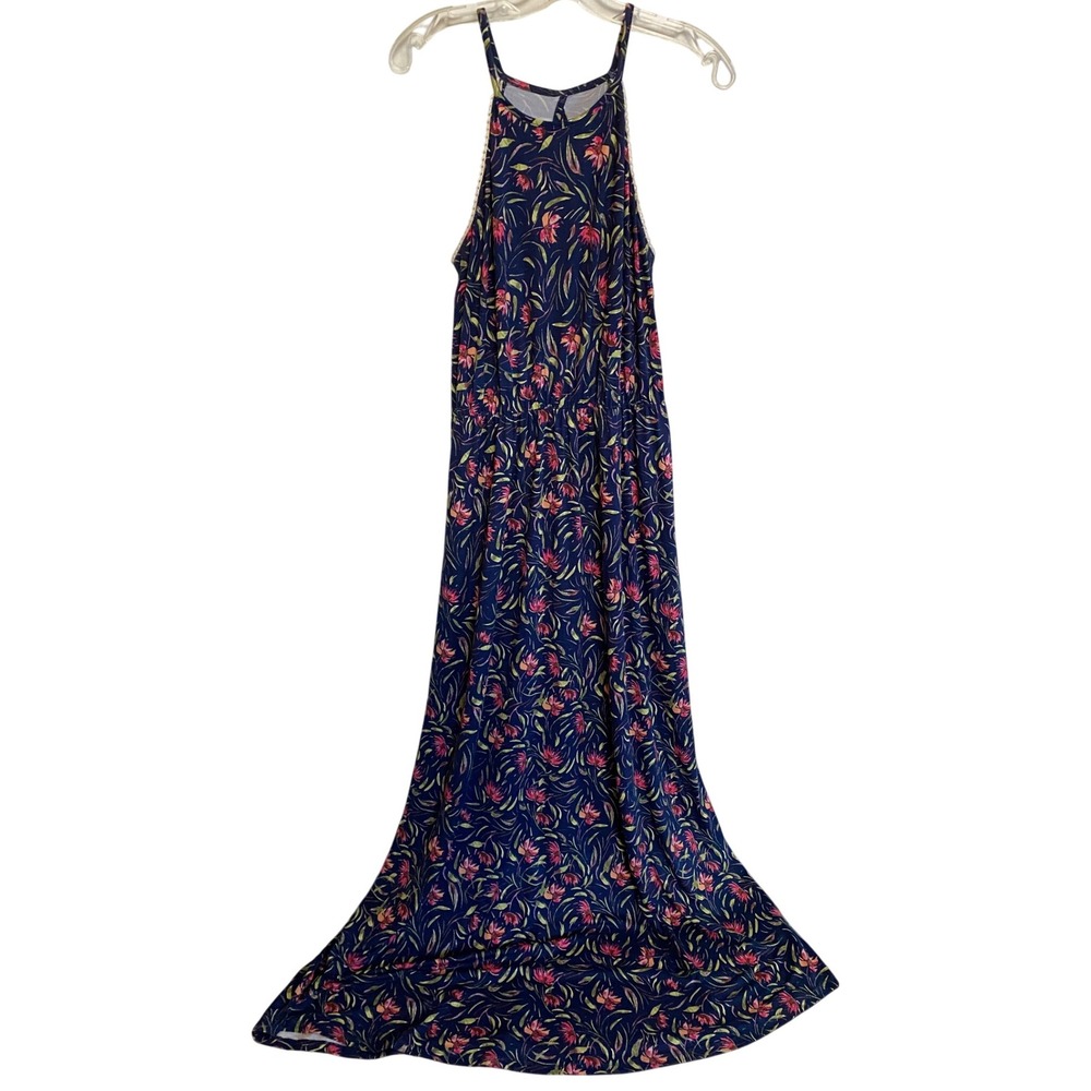 French Grey Halter‎ Crochet‑trim Blue Pink floral Maxi Dress L- EUC